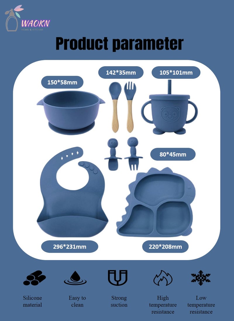 WAOKN 8Pcs Baby Silicone Tableware Set Special For Infants To Eat Their Own Training Tableware Set Including Complementary Food Bowl Sippy Cup Dinner Plate Bib Fork And Spoon(Dark Blue)  - Image 2