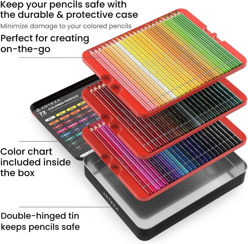 ARTEZA Colored Pencils, 72 Wax-Based Color Pencils, Vibrant Coloring Pencils in Tin Box for Adults, Professional Art Supplies - Image 2