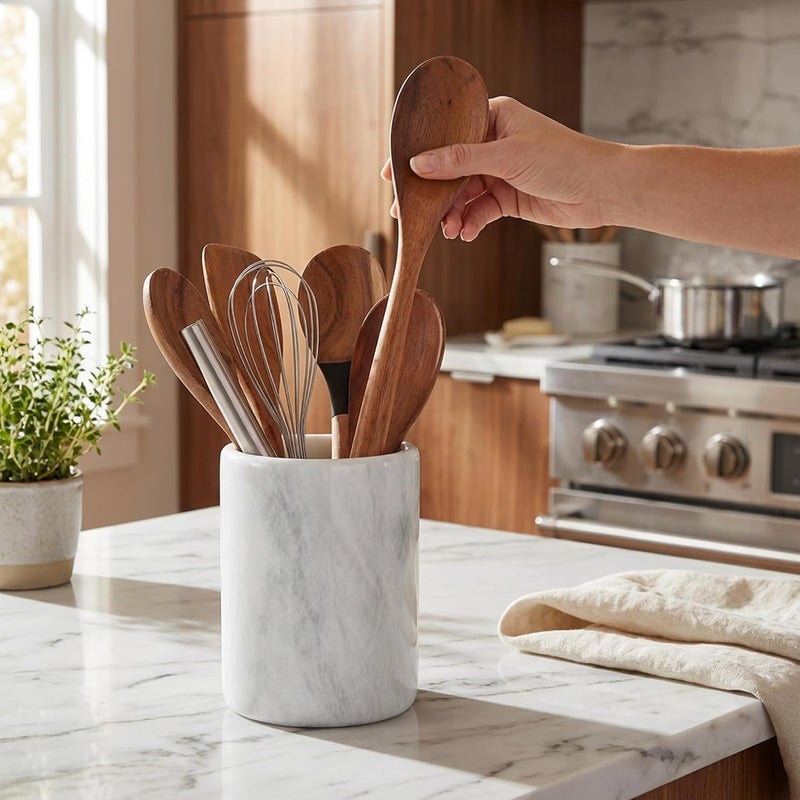 RADICALn Integrated warehouse solution Handmade White Marble Utensil Holder – 6.5 Inch Kitchen Counter Spoon & Cooking Utensils Organizer, Durable Kitchen Caddy for Farmhouse Décor & Accessories Elegant multi-option build - Image 4
