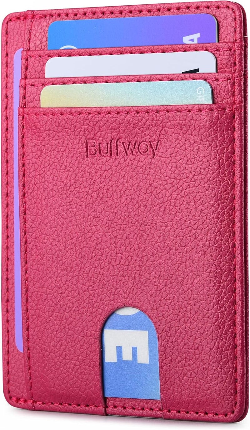 Buffway Slim Minimalist Front Pocket RFID Blocking Leather Wallets for Men and Women - Lichee Red - Image 1