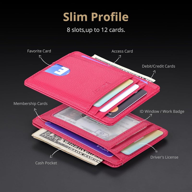 Buffway Slim Minimalist Front Pocket RFID Blocking Leather Wallets for Men and Women - Lichee Red - Image 4