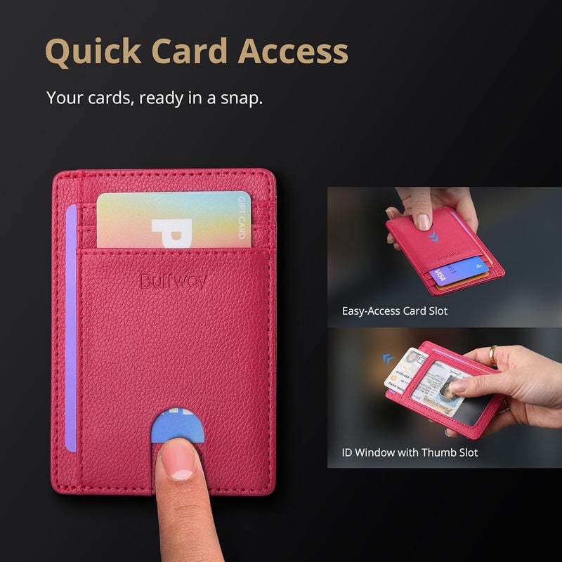 Buffway Slim Minimalist Front Pocket RFID Blocking Leather Wallets for Men and Women - Lichee Red - Image 3