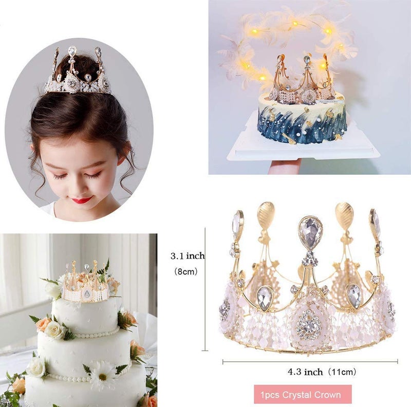 JENY Crystal Crown Cake Topper Golden Rhinestone Children Hair Ornaments for Kids Girls Bride to beWeddingBirthdayBaby ShowerParty Cake Decoration - Image 3