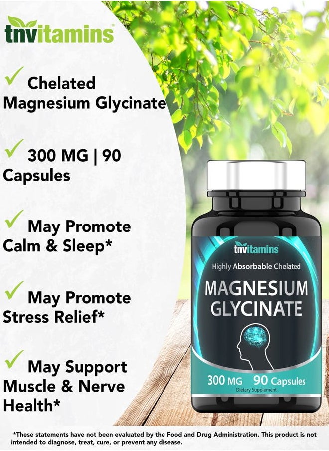 tnvitamins - Magnesium Glycinate Capsules (300 MG - 90 Count) | Pure Chelated Magnesium Bisglycinate Powder Supplement | Glicinato de Magnesio | Magnesium for Sleep, Calm, Nerve, & Stress Support* | TNVitamins - Image 1