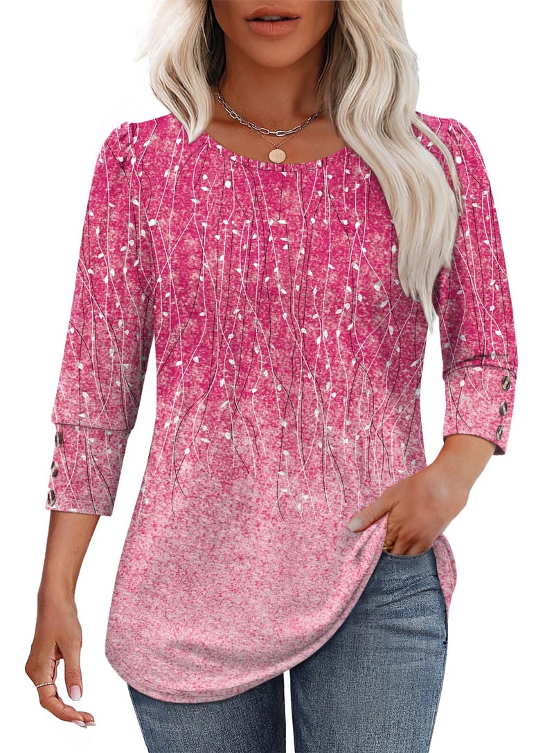 OFEEFAN Boho Tops for Women Fall Fashion 2026 Dressy Casual Blouses Business Vacation Travel Outfits 3/4 Length Sleeve Plus Size Winter Clothes Pink L - Image 2