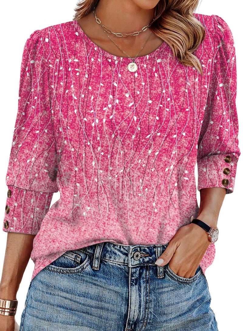 OFEEFAN Boho Tops for Women Fall Fashion 2026 Dressy Casual Blouses Business Vacation Travel Outfits 3/4 Length Sleeve Plus Size Winter Clothes Pink L - Image 1