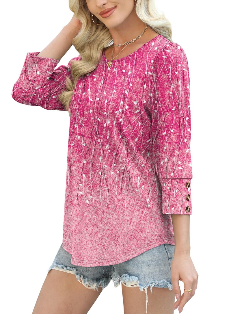 OFEEFAN Boho Tops for Women Fall Fashion 2026 Dressy Casual Blouses Business Vacation Travel Outfits 3/4 Length Sleeve Plus Size Winter Clothes Pink L - Image 4