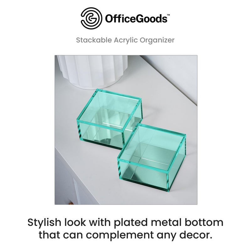 OfficeGoods 3-Tier Stackable Acrylic Holder- Stylish Desk Organizer and Storage for Office or Home â€“ Transparent Square Design, Green with Silver Metal Base - Image 2