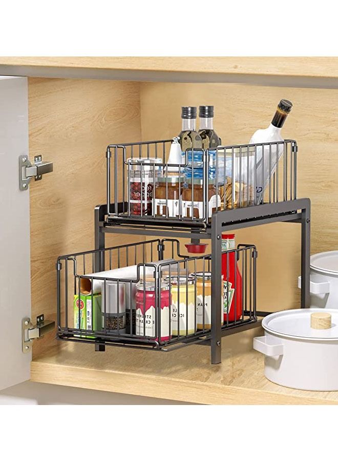 Arabest Under Sink Cabinet Organizer Bathroom Sink Storage Stackable 2 Tier Under Sink Organizer Pull Out Under Sink Shelf Rack with Sliding Storage Drawer for Bathroom Pantry Kitchen (Black)  - Image 1