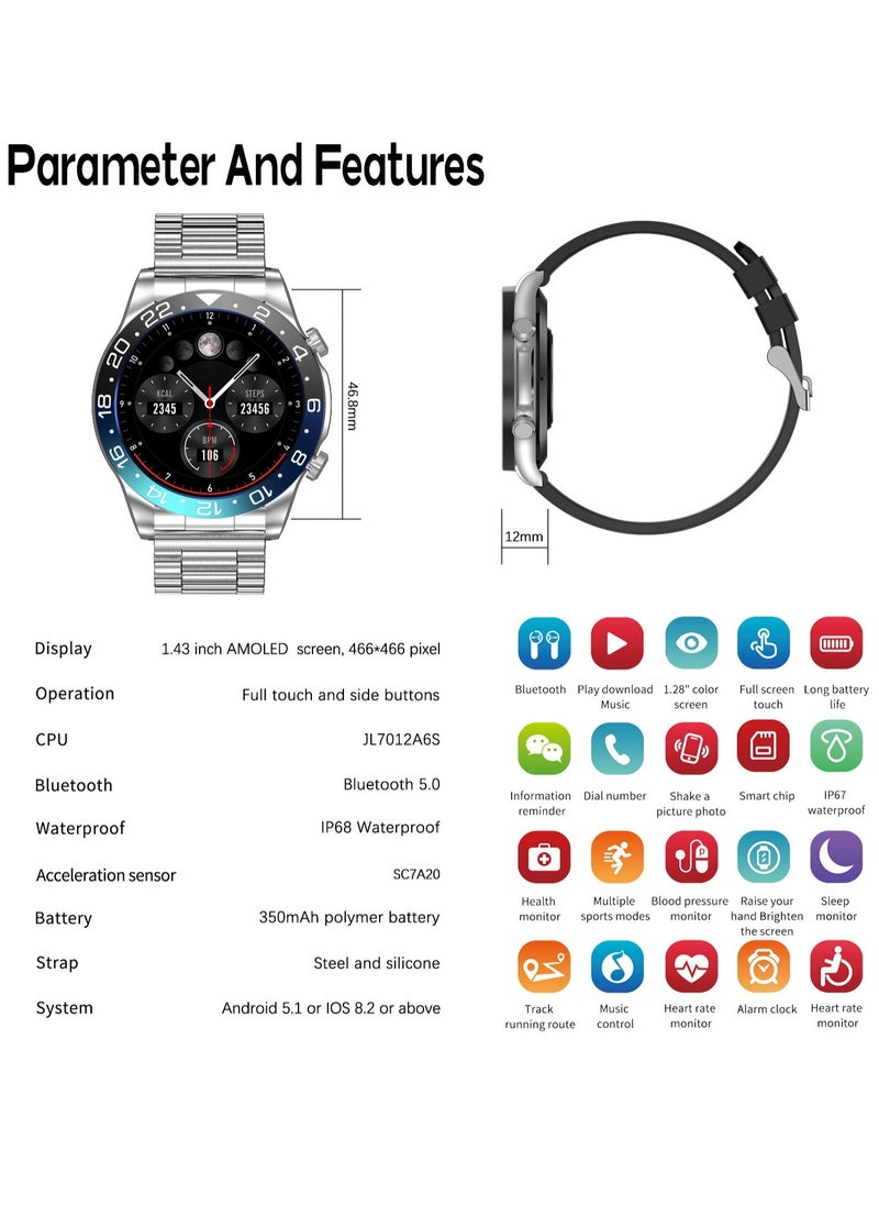 Men's Smartwatch 1.43" Amoled HD Full Touch Screen Fitness Tracker Heart Rate Pressure Sleep Monitor Business Sports Smart Watch for Men