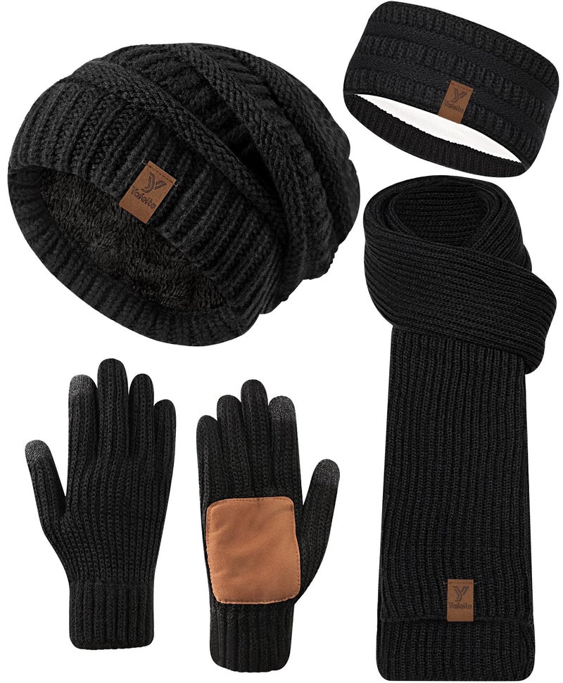 Yafeite Women Beanie Scarf Gloves Headband Set, Winter Fleece Lined Hat Ear Warmer Knit Scarf Women Gloves Gift Set 4 in 1, Black, L - Image 1