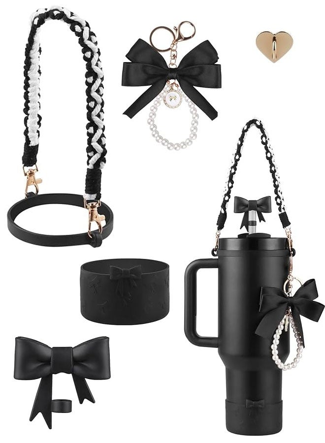 Black Accessories Set for Stanley Cup,Water Bottle Handle Strap, Siliocne Boot, Bow Straw Cover, Pearl Charms, Straw Topper for 40oz & 30oz Tumbler for Women - Image 1