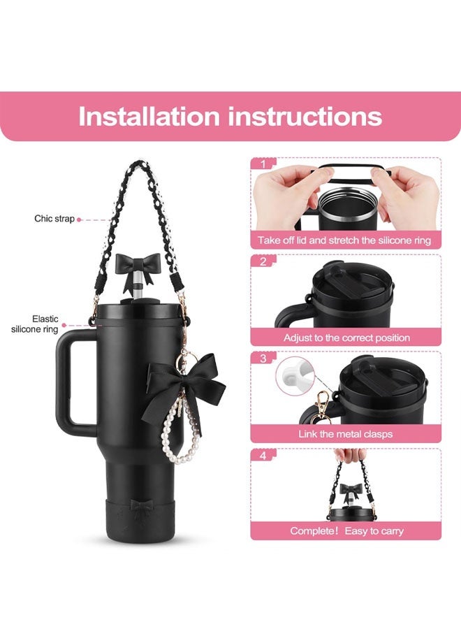 Black Accessories Set for Stanley Cup,Water Bottle Handle Strap, Siliocne Boot, Bow Straw Cover, Pearl Charms, Straw Topper for 40oz & 30oz Tumbler for Women - Image 5