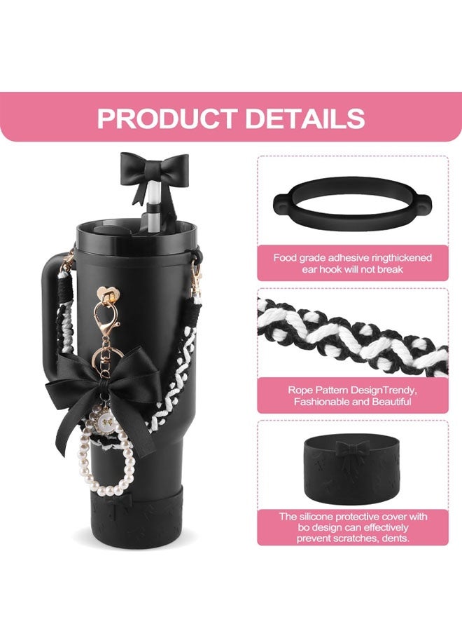 Black Accessories Set for Stanley Cup,Water Bottle Handle Strap, Siliocne Boot, Bow Straw Cover, Pearl Charms, Straw Topper for 40oz & 30oz Tumbler for Women - Image 2