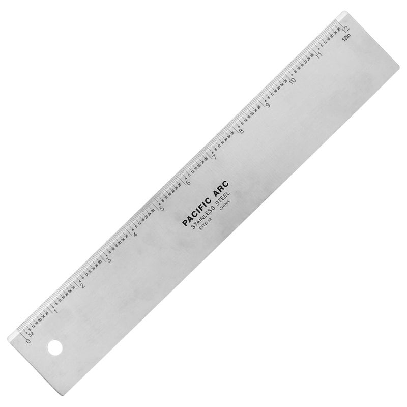 Pacific Arc 12" Straight Edge Stainless Steel, Inch Graduations, 0.09" Thick Steel, English Scale, Heavy Duty