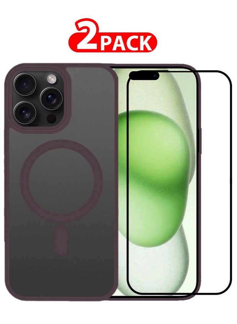 CATANES 2 Pieces Magnetic Slim Protective Case for iPhone 15 Pro - with Wireless Charging Support with 3D Screen Protector - Marlot - Image 1