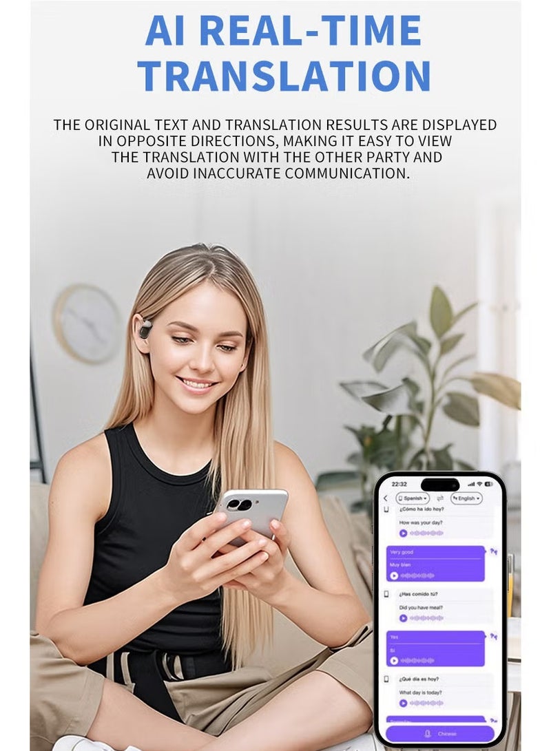 سماعات بلوتوث لاسلكية بميزة الترجمة الفورية الذكية، جودة صوت HIFI، بطارية طويلة الأمد، بلوتوث 5.4، تدعم أكثر من 150 لغة، وقت تشغيل 5-7 ساعات، 60+ يومًا في وضع الاستعداد، تصميم مريح من السيليكون، تعقيم UVC بمعدل كفاءة 99.9%(رمادي) - Image 4