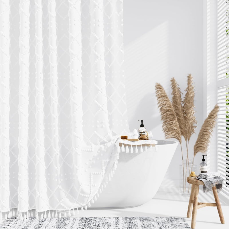 Dynamene White Fabric Shower Curtain, Boho Tufted Geometric Striped Tassel Shower Curtain for Bathroom, Shabby Chic Textured Modern Farmhouse Waterproof Cloth Shower Curtain Set, Wrinkle Free, 72x72 - Image 1