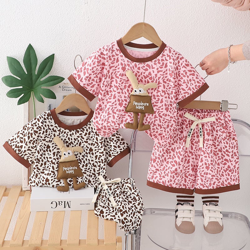 Short Sleeve Suit Children'S Clothing 1-5 Years Old Summer Boys And Girls Leopard Print Casual T-Shirt Two-Piece Fashion - Image 2