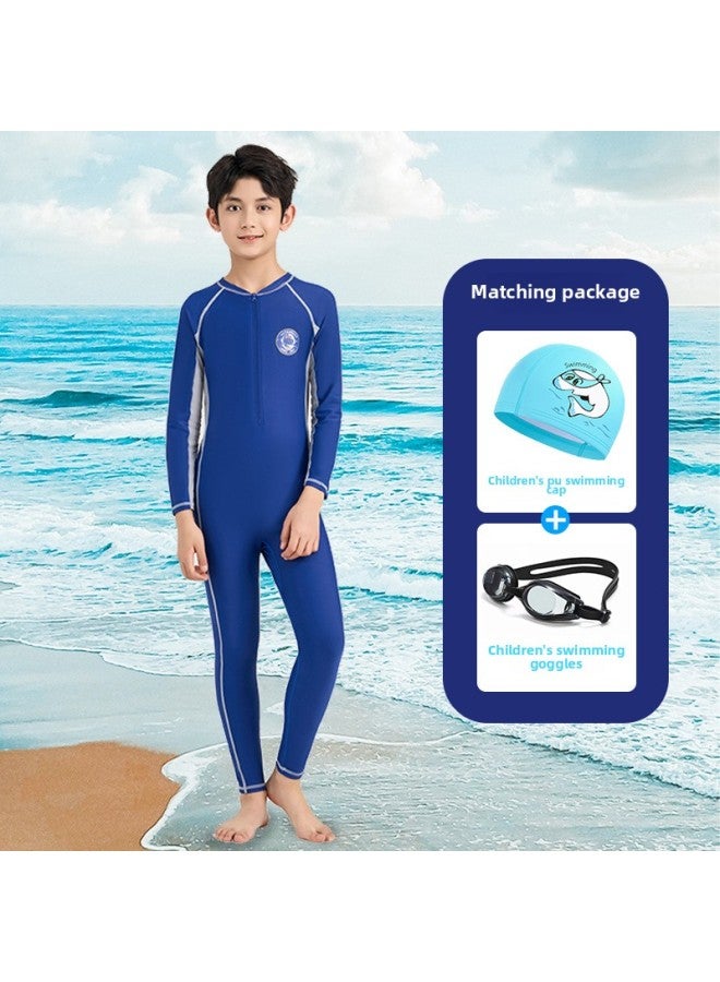 إسكدنيا ملابس سباحة للأطفال بأكمام طويلة قطعة واحدة ملابس سباحة ربيعية ساخنة صغيرة ومتوسطة وكبيرة للأطفال بدلة غوص للأولاد للحماية من الشمس - اللون: 22518 أزرق ياقوتي + قبعة من البولي يوريثان + نظارات سباحة - - Image 1