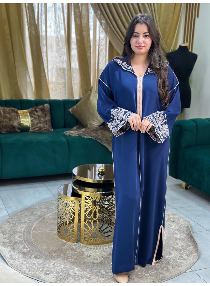Al Merrakchiya Women’s Djellaba – Long Moroccan Kaftan | Traditional Kabylen Style Arabic Dress | Comfortable Soft Crepe Fabric | Long Sleeve Jalabiya For Womens-Navy Blue-DD2 - Image 2