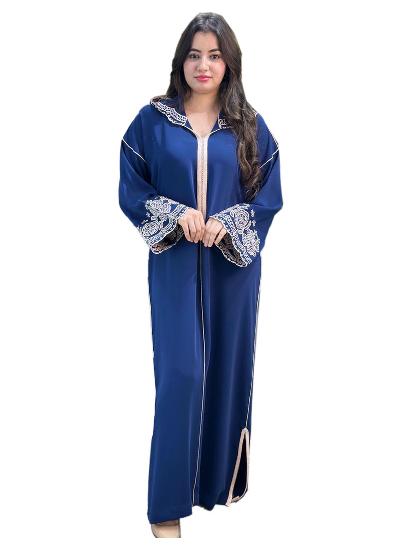 Al Merrakchiya Women’s Djellaba – Long Moroccan Kaftan | Traditional Kabylen Style Arabic Dress | Comfortable Soft Crepe Fabric | Long Sleeve Jalabiya For Womens-Navy Blue-DD2 - Image 1