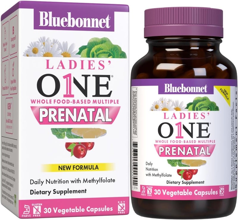 BlueBonnet Nutrition Ladies One Prenatal Whole FoodBased Multiple Daily Nutrition Prenatal  Postnatal Health NonGMO Kosher GlutenFree SoyFree 30 Vegetable Capsules 30 Servings - Image 1