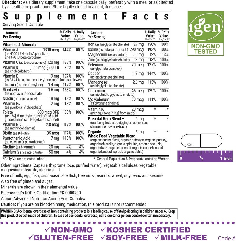 BlueBonnet Nutrition Ladies One Prenatal Whole FoodBased Multiple Daily Nutrition Prenatal  Postnatal Health NonGMO Kosher GlutenFree SoyFree 30 Vegetable Capsules 30 Servings - Image 2