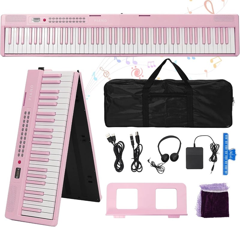 Nukied 88 Key Piano Keyboard Folding Portable Keyboard Piano with Lighted Up Keys,Professional Pedal, Bluetooth, Headphone, MIDI,200 Sounds,80 Demo Songs,Lesson Mode for Beginners Pink - Image 1