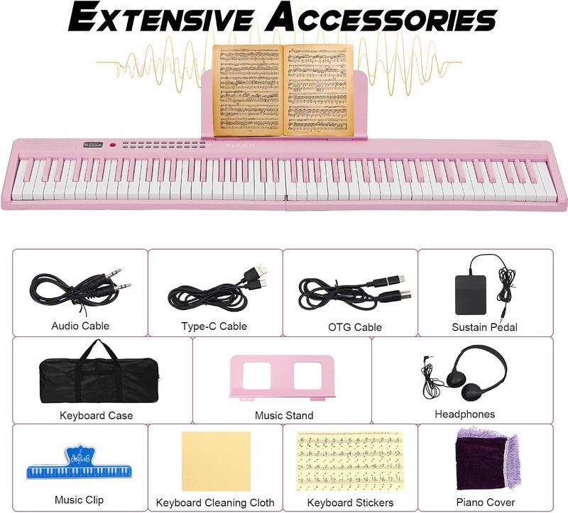 Nukied 88 Key Piano Keyboard Folding Portable Keyboard Piano with Lighted Up Keys,Professional Pedal, Bluetooth, Headphone, MIDI,200 Sounds,80 Demo Songs,Lesson Mode for Beginners Pink - Image 2