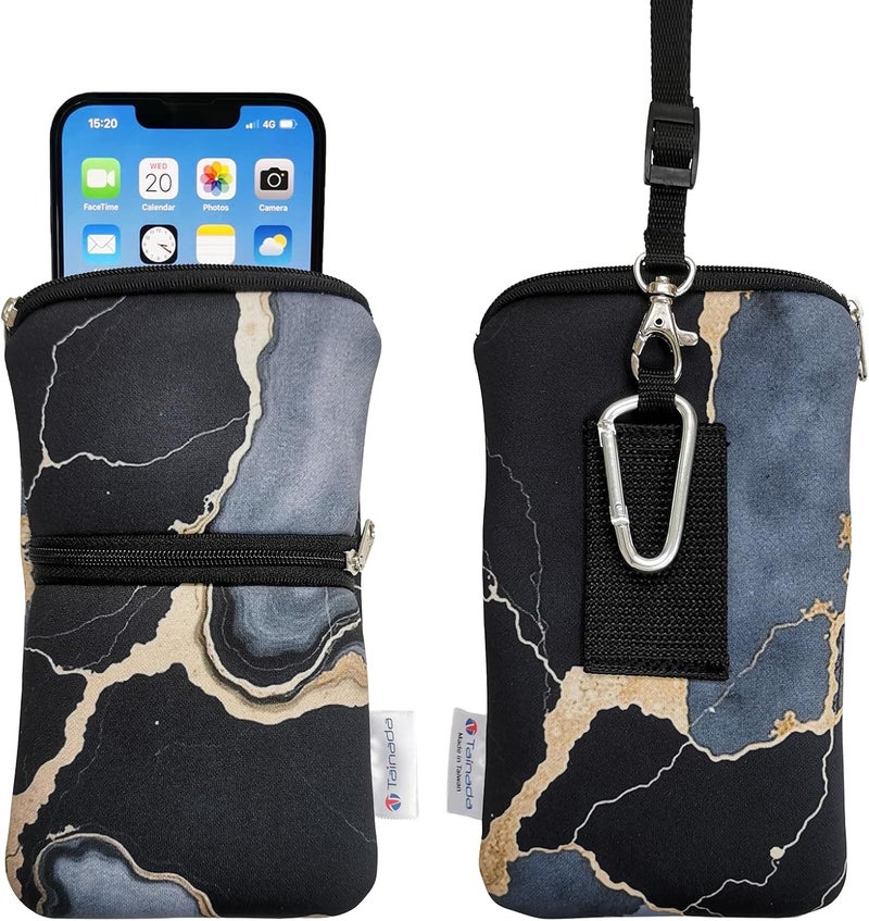Tainada Men Women Cell Phone Neoprene Shockproof Zipper Sleeve Case Bag Pouch w/Carabiner, Neck Lanyard, Belt Loop Holster for iPhone 17/16 Pro Max, 16 Plus； Samsung S25+,S24, A56 (Marble Black) - Image 1