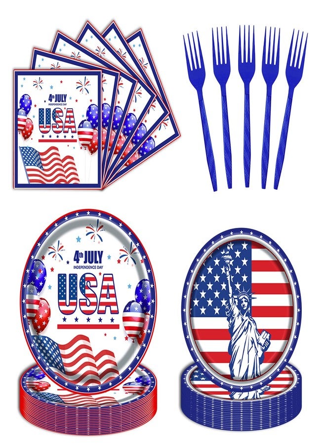 LDFDRT 96 Pcs Patriotic 4th Of July Decorations Party Paper Plates and Napkins Forks Red White And Blue Independence Day Party Supplies For 24 Guests - Image 1
