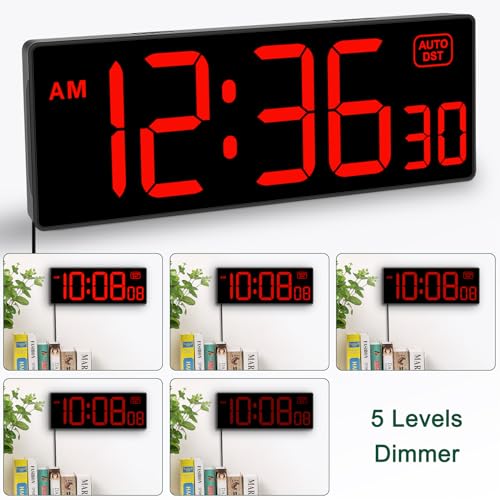 Soobest LED Digital Wall Clock, Large Digital Clock Bold Numbers with Seconds for Seniors Visually Impaired，Plug Electric Clock Dimmable Auto DST Large Display 10 Inches (Red) - Image 5