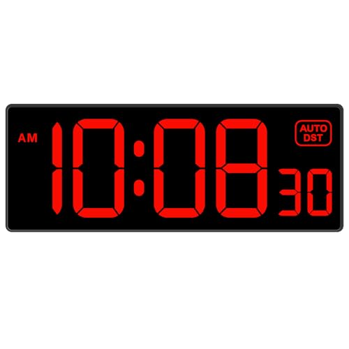 Soobest LED Digital Wall Clock, Large Digital Clock Bold Numbers with Seconds for Seniors Visually Impaired，Plug Electric Clock Dimmable Auto DST Large Display 10 Inches (Red) - Image 1