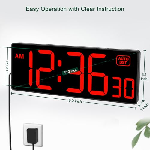 Soobest LED Digital Wall Clock, Large Digital Clock Bold Numbers with Seconds for Seniors Visually Impaired，Plug Electric Clock Dimmable Auto DST Large Display 10 Inches (Red) - Image 4
