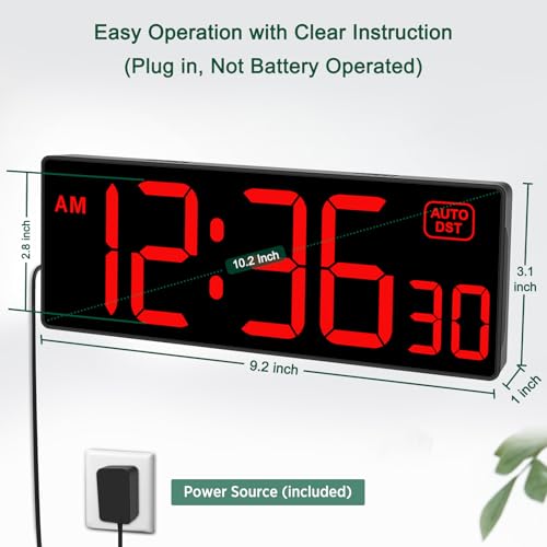 Soobest LED Digital Wall Clock, Large Digital Clock Bold Numbers with Seconds for Seniors Visually Impaired，Plug Electric Clock Dimmable Auto DST Large Display 10 Inches (Red) - Image 3