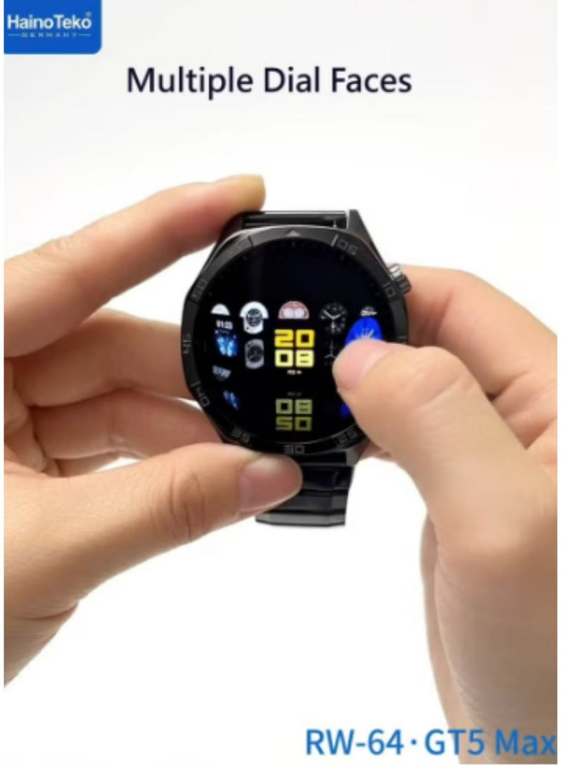 هينو تيكو ساعة ذكية RW-64 GT5 Max بشاشة AMOLED كبيرة، ومساعد صوتي، و3 أحزمة - ساعة ذكية أنيقة وعملية للرجال - لون أسود - Image 4