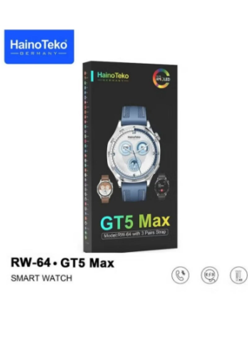 هينو تيكو ساعة ذكية RW-64 GT5 Max بشاشة AMOLED كبيرة، ومساعد صوتي، و3 أحزمة - ساعة ذكية أنيقة وعملية للرجال - لون أسود - Image 5