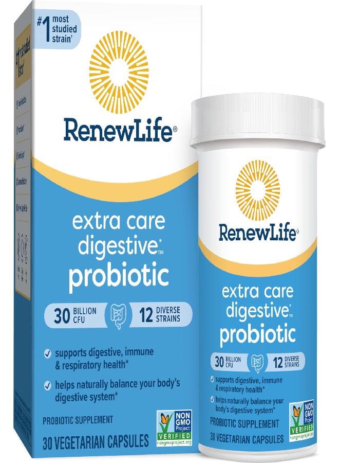 Renew Life Extra Care Digestive Probiotic Capsules, Daily Supplement Supports Immune, Digestive and Respiratory Health, L. Rhamnosus GG, Dairy, Soy and gluten-free, 30 Billion CFU, 30 Count - Image 1