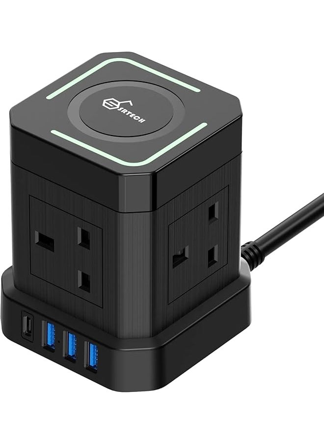 SRTECH SRTECH 4-in-1 Power Strip With Wireless Charger - Extension Cord with USB-C Adapter, Plug Tower, Multi-Cable Socket Strip, Multiplug Board (Black, 2 Meters Cord)  - Image 1