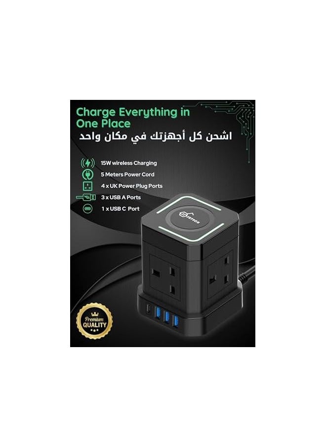 SRTECH SRTECH 4-in-1 Power Strip With Wireless Charger - Extension Cord with USB-C Adapter, Plug Tower, Multi-Cable Socket Strip, Multiplug Board (Black, 2 Meters Cord)  - Image 2