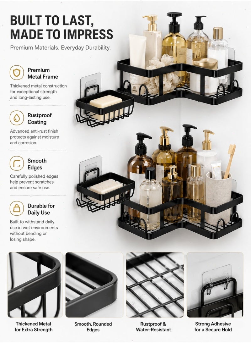Shower Caddy Bathroom Shelf 5-Pack, Rustproof Stainless Steel Wall-Mounted Bathroom Organizer with 16 Hooks, No Drill Storage Rack for Bathroom & Kitchen Toiletries - Image 5