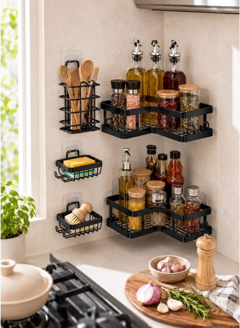 Shower Caddy Bathroom Shelf 5-Pack, Rustproof Stainless Steel Wall-Mounted Bathroom Organizer with 16 Hooks, No Drill Storage Rack for Bathroom & Kitchen Toiletries - Image 3