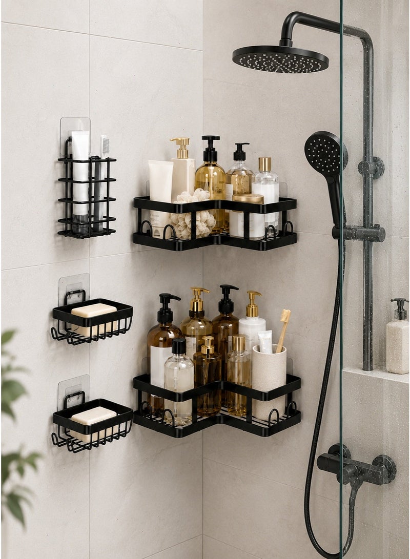 Shower Caddy Bathroom Shelf 5-Pack, Rustproof Stainless Steel Wall-Mounted Bathroom Organizer with 16 Hooks, No Drill Storage Rack for Bathroom & Kitchen Toiletries - Image 1