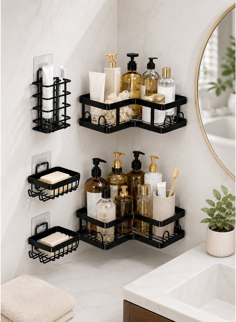 Shower Caddy Bathroom Shelf 5-Pack, Rustproof Stainless Steel Wall-Mounted Bathroom Organizer with 16 Hooks, No Drill Storage Rack for Bathroom & Kitchen Toiletries - Image 2