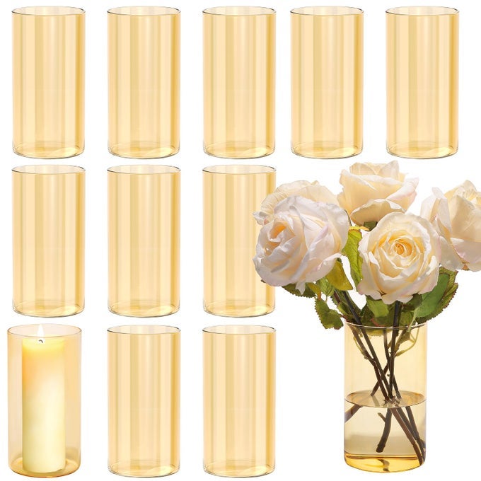 12PCS GLASS GOLD AMBER CYLINDER VASES FOR CENTERPIECES 6 INCH CHAMPAGNE FLOWER VASES FOR WEDDING DECORATIONS INDOOR HOME DECOR HURRICANE CANDLE HOLDER FOR TABLE SHELF PARTY