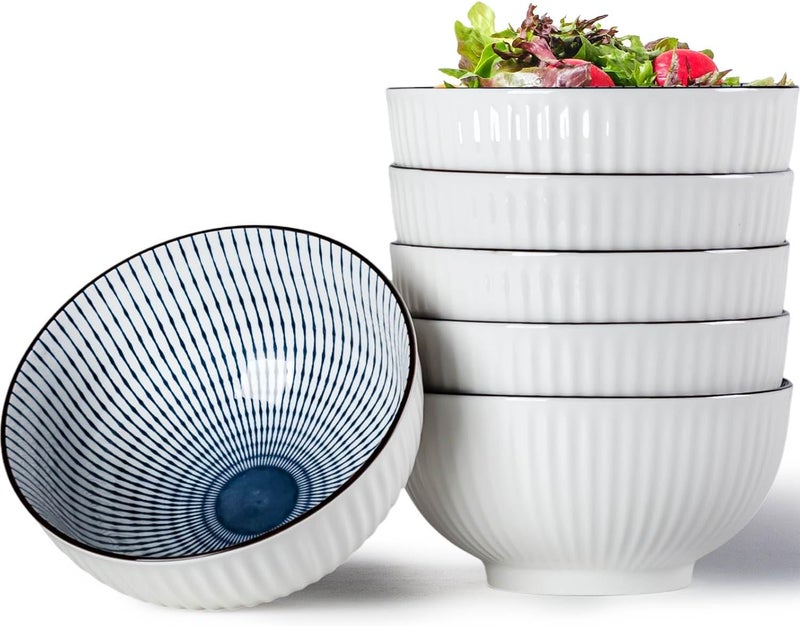 QINLANG 6 Inch Blue and White Porcelain 30 oz Bowls Set of 6 for Soup Cereal desserts ice cream and Rice  Striped Pattern - Image 1