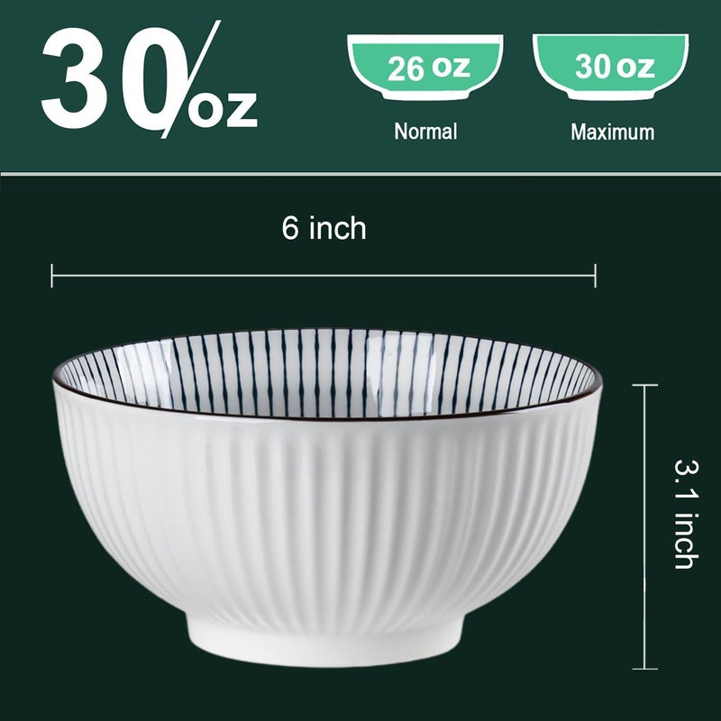 QINLANG 6 Inch Blue and White Porcelain 30 oz Bowls Set of 6 for Soup Cereal desserts ice cream and Rice  Striped Pattern - Image 2
