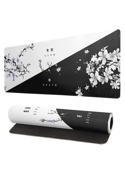 Gaming Japanese Mouse Pad , Black and White Floral Design (70cm x 30cm x 2mm), HD Print Pattern Desk Mat, Extended Mouse Pad and Keyboard Mouse Pads, Waterproof Fabric Surface Mouse Pads for Office, Anti-Slip Rubber Base
