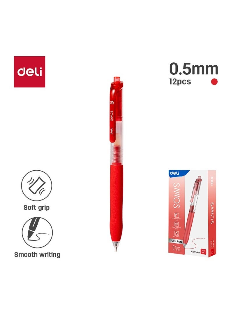 ديلي قلم جل Deli EG075-RD، حبر أحمر، 0.5 مم، عبوة من 12 قلمًا، تدفق سلس، ملاحظات مكتبية مدرسية - Image 1